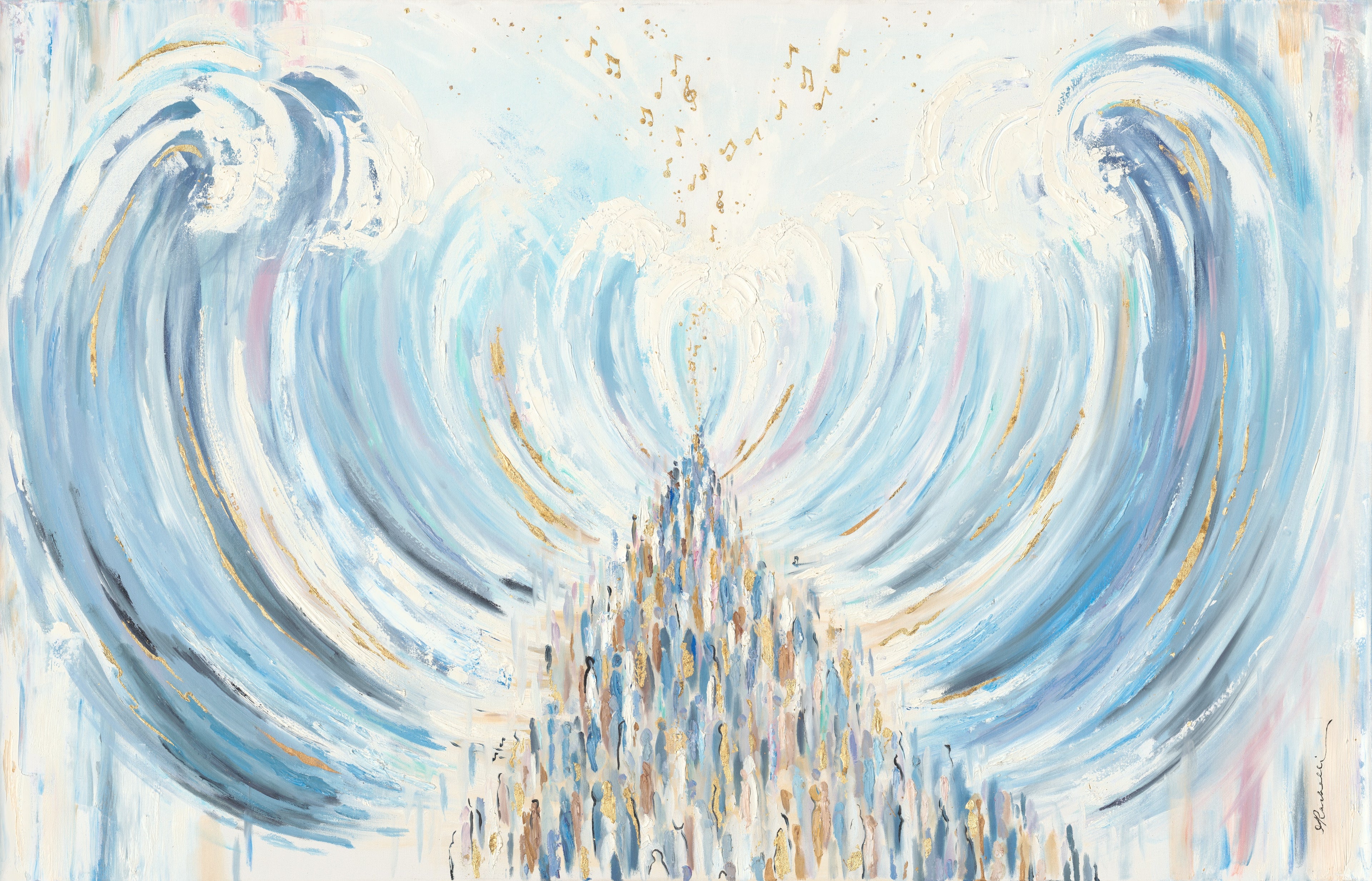 Abstract krias yam suf painting with swirling blue and white patterns